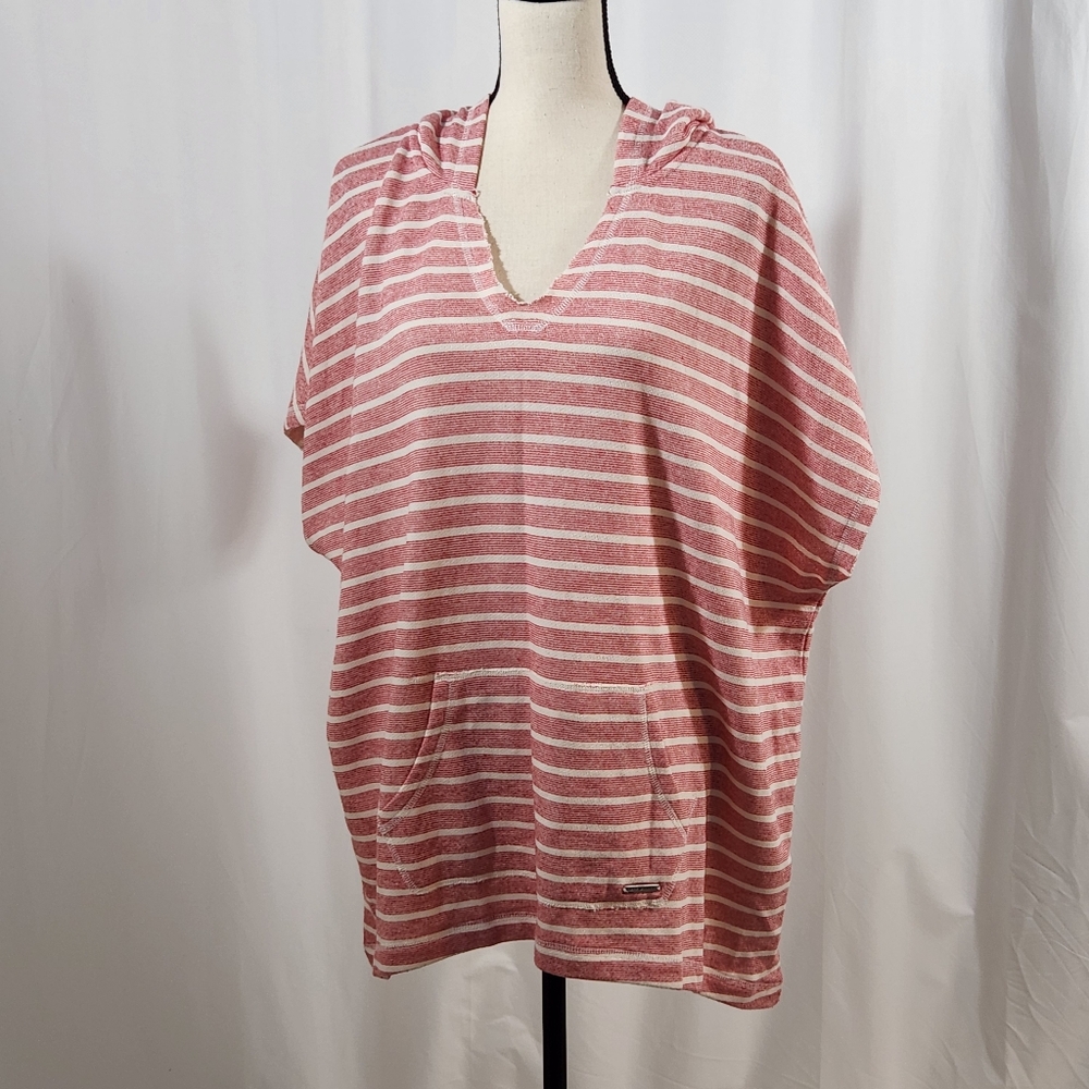 NWOT Red White Stripe Marc New York Hooded Short Sleeve Shirt Frayed Sty…